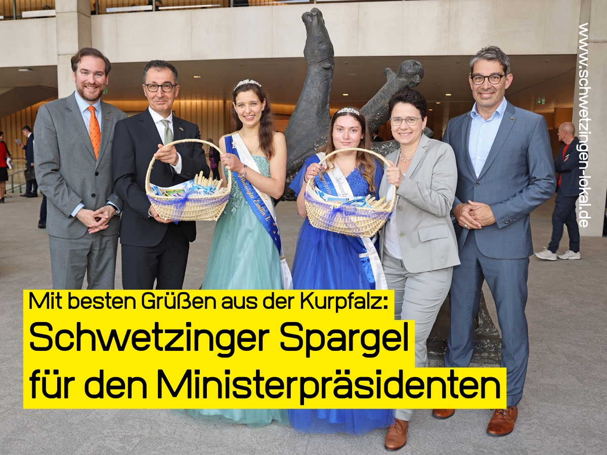 Königin Emilia I. und Prinzessin Marlen I. übergaben Spargel an Ministerpräsident Cem Özdemir und Landwirtschaftsministerin Marion Gentges