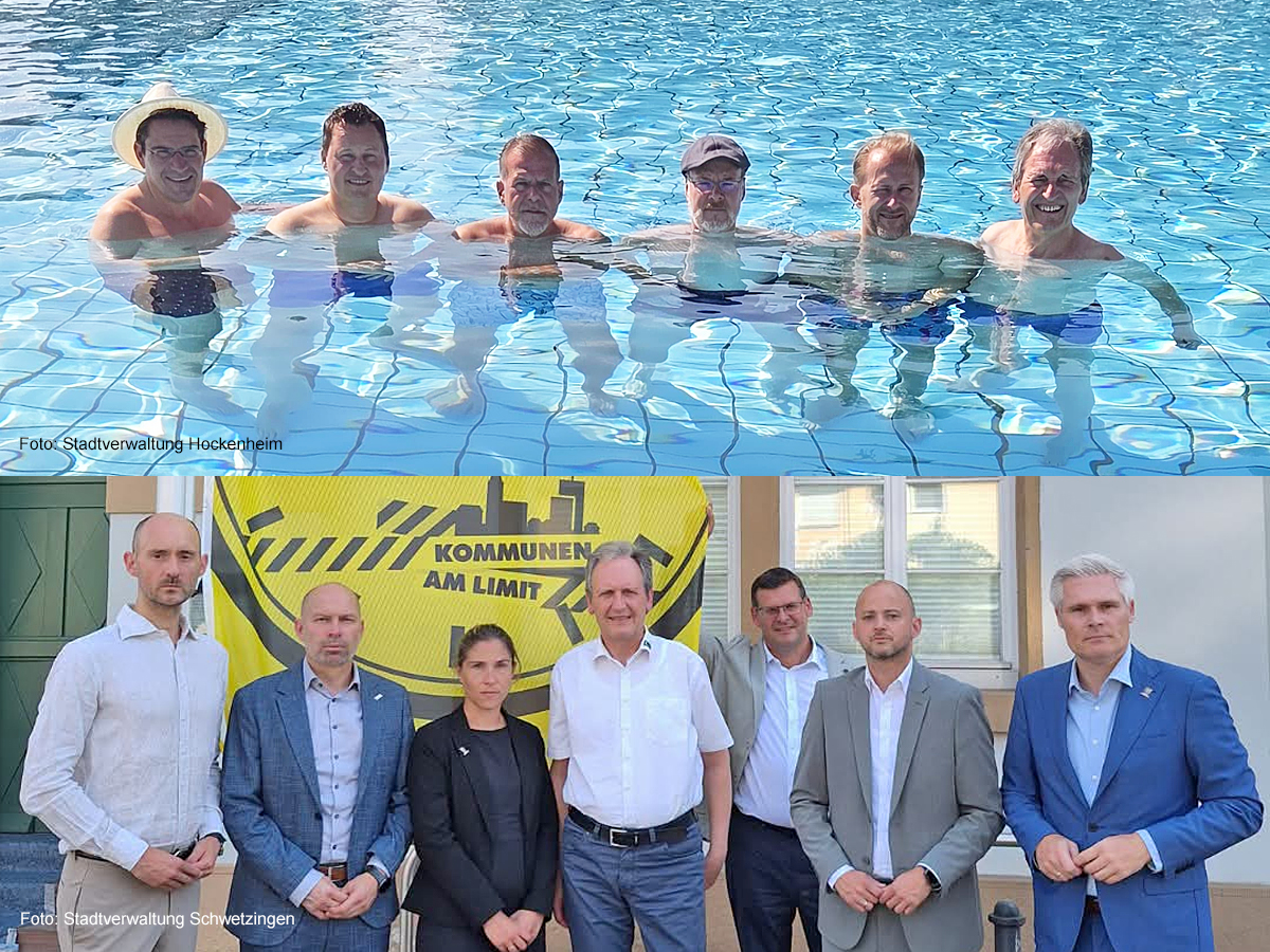 Collage zum Aktionstag „Kommunen am Limit“: Bürgermeister und Oberbürgermeister aus der Region stehen in Hockenheim symbolisch bis zum Hals im Wasser und versammeln sich in Schwetzingen vor der gelben Aktionsfahne.